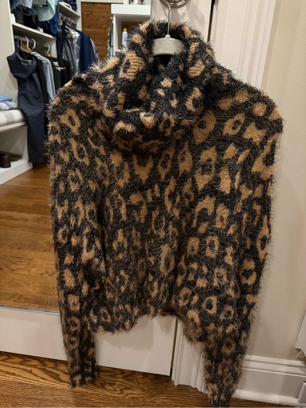 Fuzzy Leopard Print Turtleneck Sweater in Black and Brown